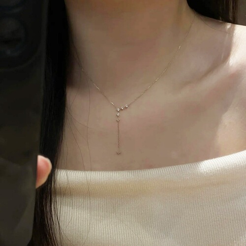 Chic Cold Moonlight Flash Diamond Sapphires Y-Shape Tassel Necklace for Women Korean Version Unique Instagram Simple Elegant Versatile Clavicle Chain