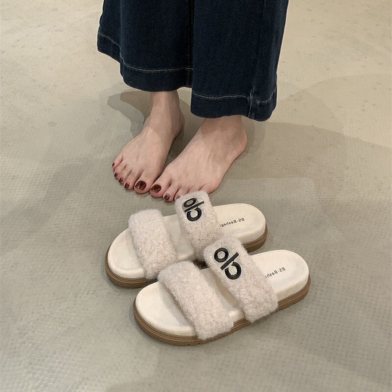 秋冬可爱毛绒拖鞋女双带字母装饰居家拖鞋防滑室内外穿拖鞋子|undefined