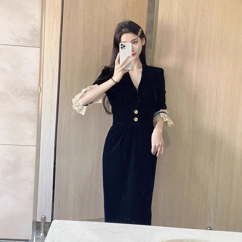 French High-End Birthday Party Dress Classy Accessible Luxury Niche Black Gold Velvet Dress for Women Autumn and Winter French High-End Birthday Party Dress Classy Accessible Luxury Niche Black Gold Velvet Dress for Women Autumn and Winter