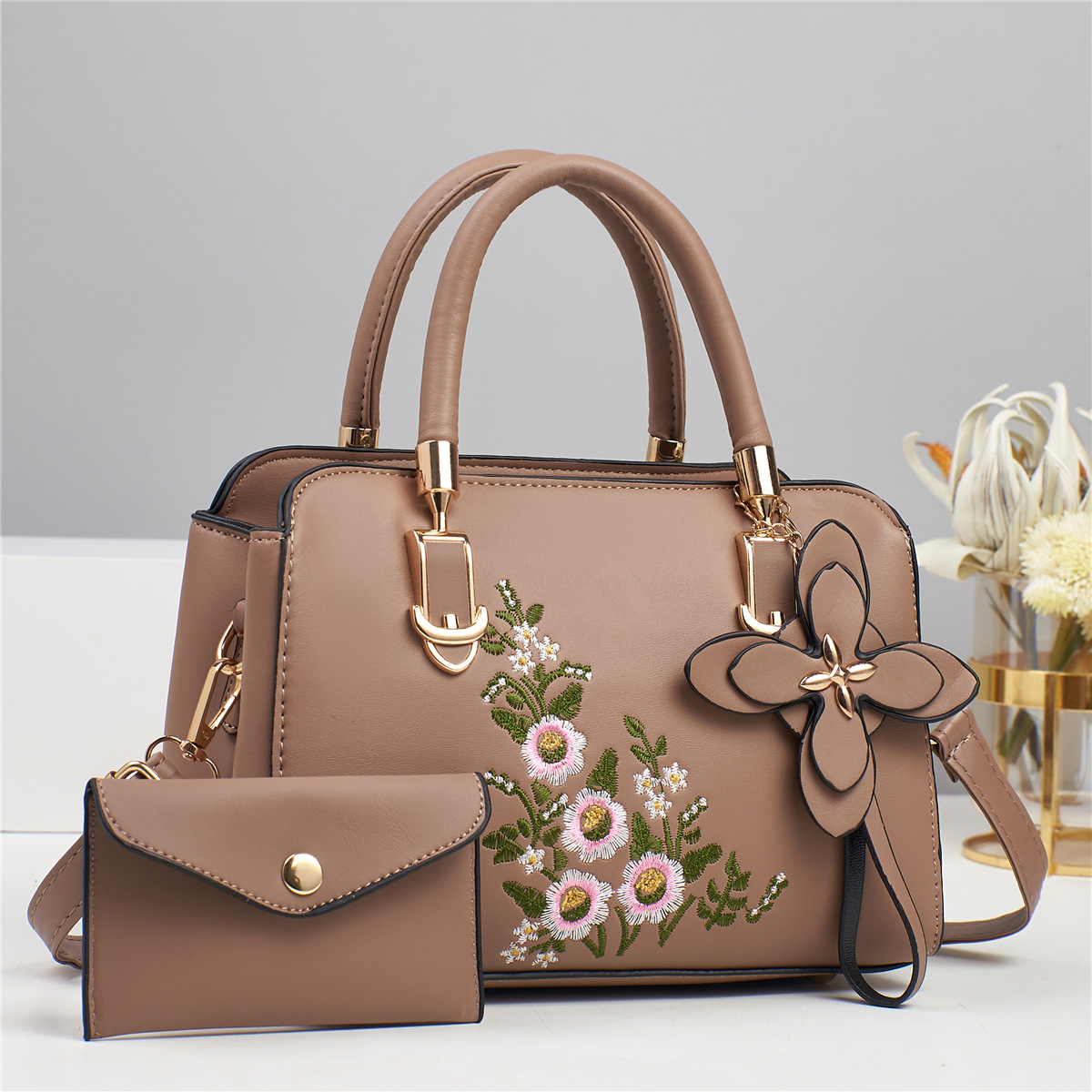Sewing Thread Fashion Element Women's Medium Pu Leather Flower Elegant Sewing Thread Square Zipper Bag Sets