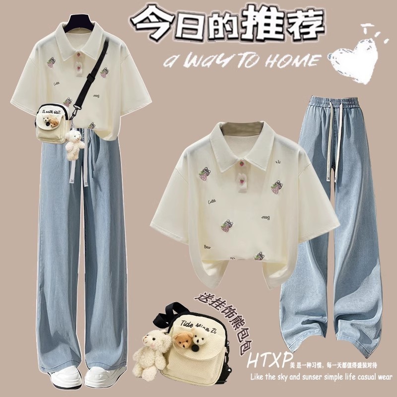 女学生短袖T恤夏季初中学生学院风甜美刺绣Polo衫洋气穿搭一整套|undefined