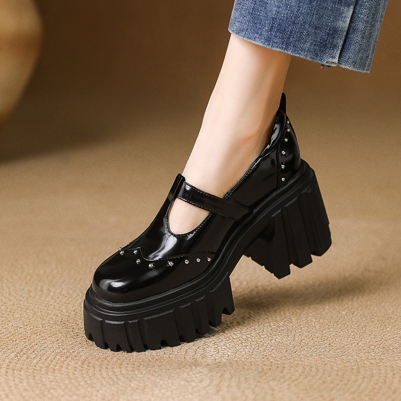 Giày Mary Jane cao gót da thật 9cm, đế bánh xốp, khóa chữ T, gót thô — Màu đen