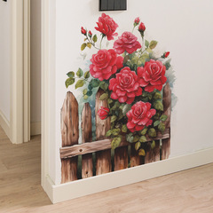 新款fun-f50水彩浪漫玫瑰花仿真柵欄臥室客廳門貼牆面裝飾牆貼紙