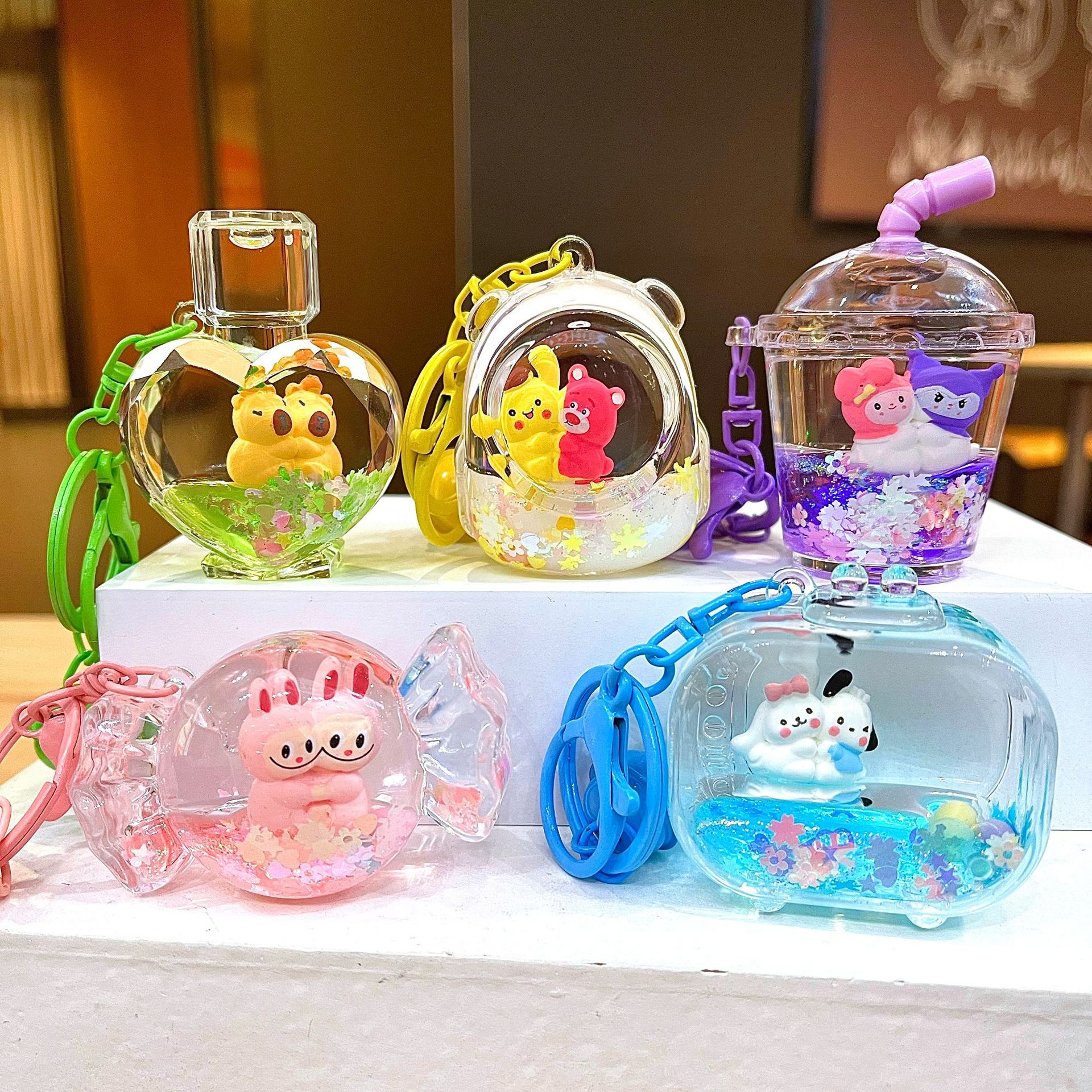 创意液体入油库洛米双公仔挂件亚克力漂流瓶可爱风精致流沙小挂件