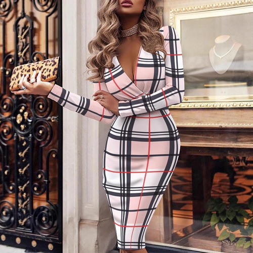 Wish Independent Store Autumn/Winter Sexy Long-Sleeve V-Neck Bodycon Printed Dress for Women