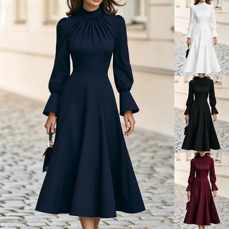 2026 Amazon New French Stand Collar Ruched White Dress with Bell Sleeves, Waist-Cinching Slimming Mid-Length Dress 2026 Amazon New French Stand Collar Ruched White Dress with Bell Sleeves, Waist-Cinching Slimming Mid-Length Dress