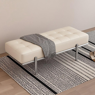 Retro Light Luxury Entryway Shoe-Changing Bench, Shoe-Wearing Bench, Bed-End Bench, Genuine Leather, Simple Modern Long Bench, Stainless Steel