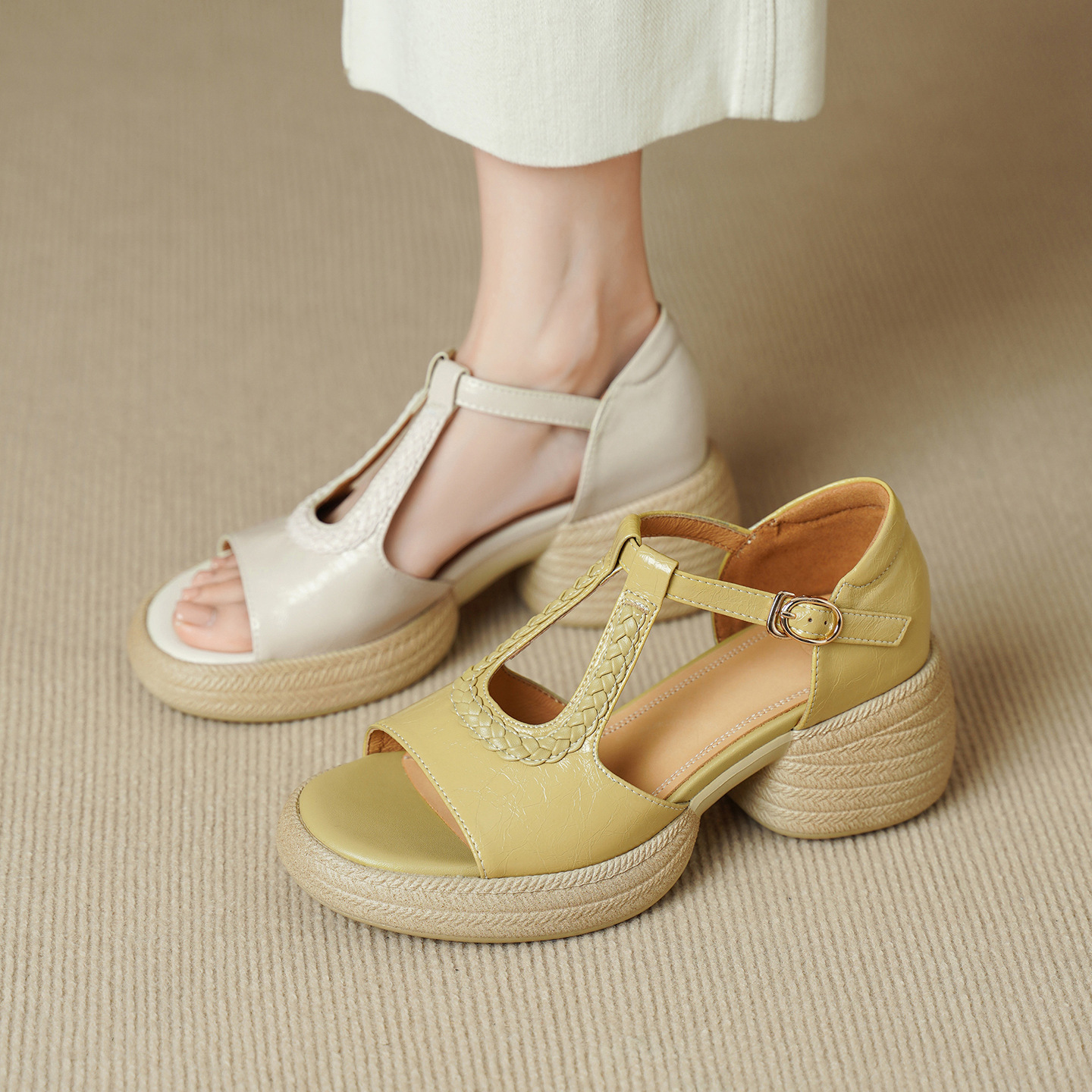 Sandal cao gót nữ mũi cá hở ngón, đế dày da cừu, gót 9 cm — màu trắng ngà
