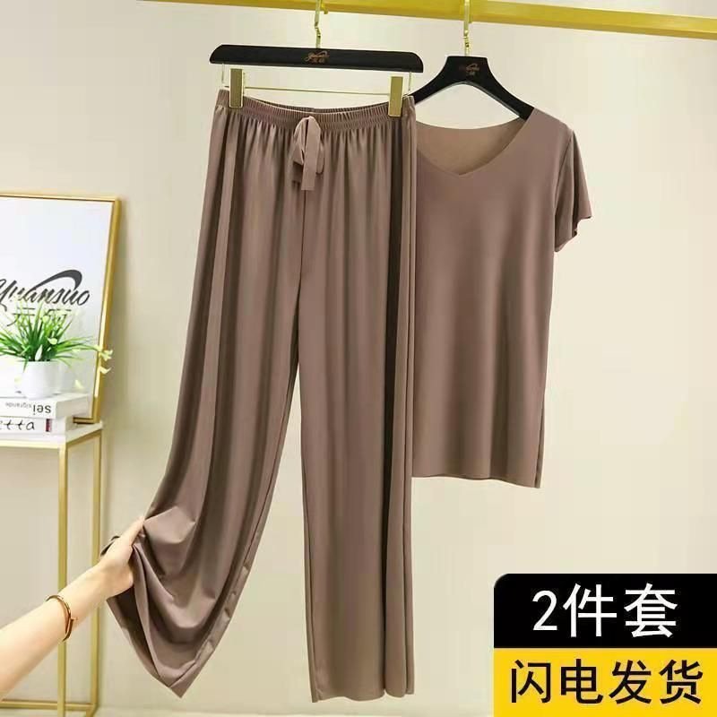Amazon Spring and Summer Two-Piece Suit V-Neck Short-Sleeved T-Shirt Thin Solid Color Home Clothes Loose Wide-Leg Pants