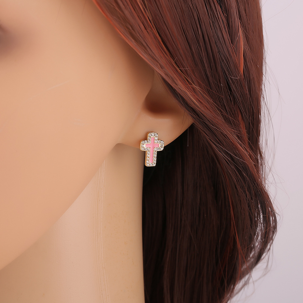 new cross drip oil copper inlaid zircon earrings