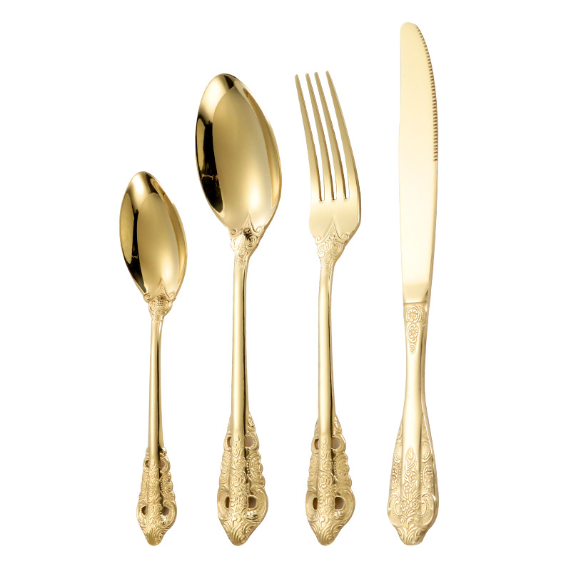 Corte cuchillo de acero inoxidable, tenedor y cuchara europeo retro alivio creativo occidental cuchillo de carne, tenedor y cuchara hotel vajilla traje