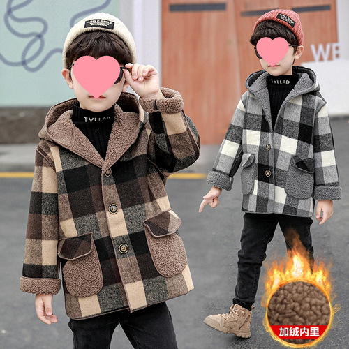 Boys' Checkered Wool Coat  Autumn/Winter New Trendy Medium and Small Children Baby Fleece Mink Jacket Fashion