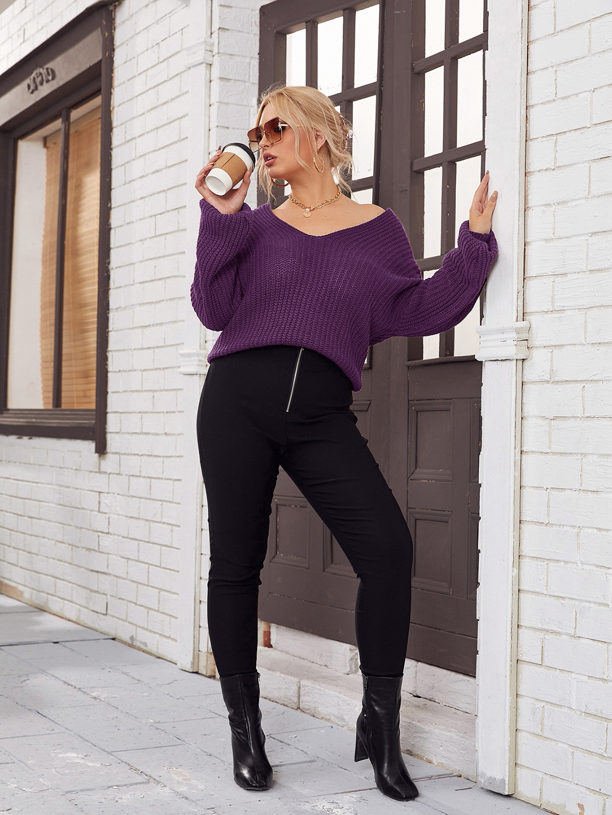 product - wholesale Plus Size Real Shot Women Clothing Autumn Winter V neck Knitted Sweater for Women - 5