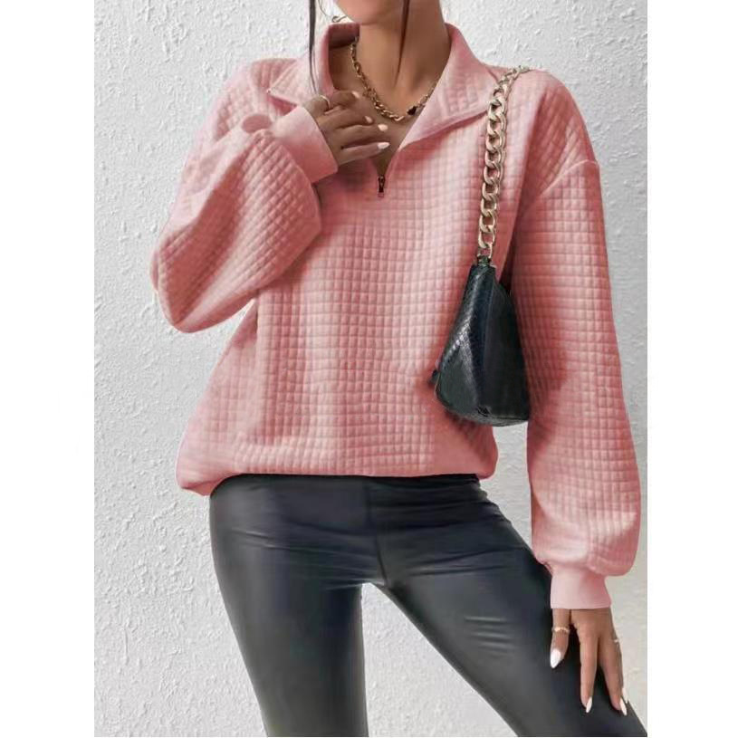2023 de Europa y América otoño popular cómodo waffle color sólido stand collar cremallera manga larga costura suéter las mujeres