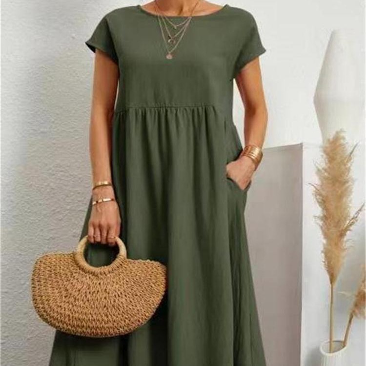 solid fashionable summer dress with a round collar