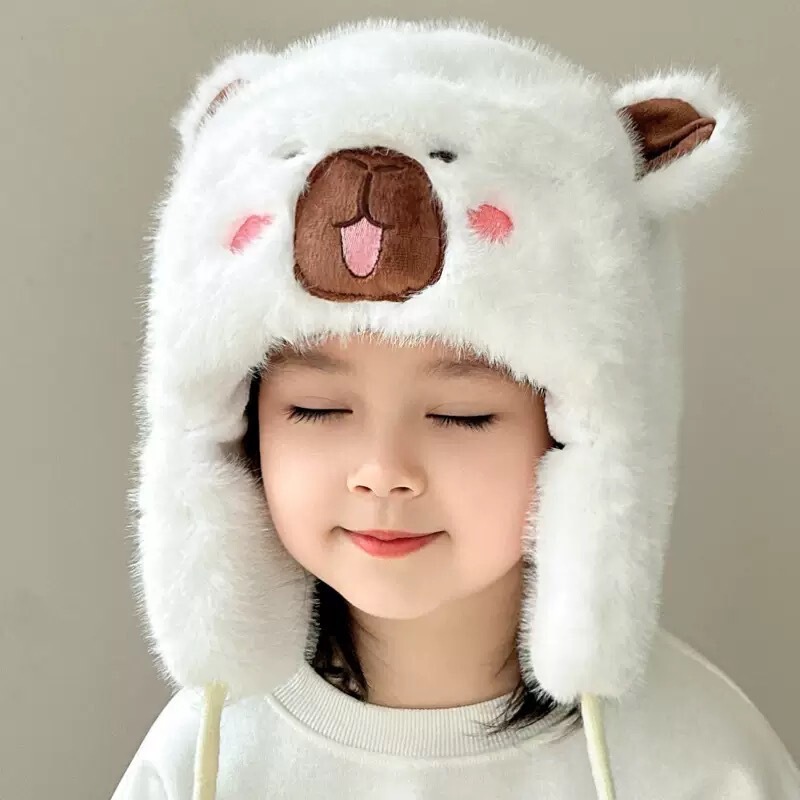 可爱萌系卡皮巴拉毛绒雷锋帽子女秋冬儿童加厚防寒保暖护耳套头帽|undefined