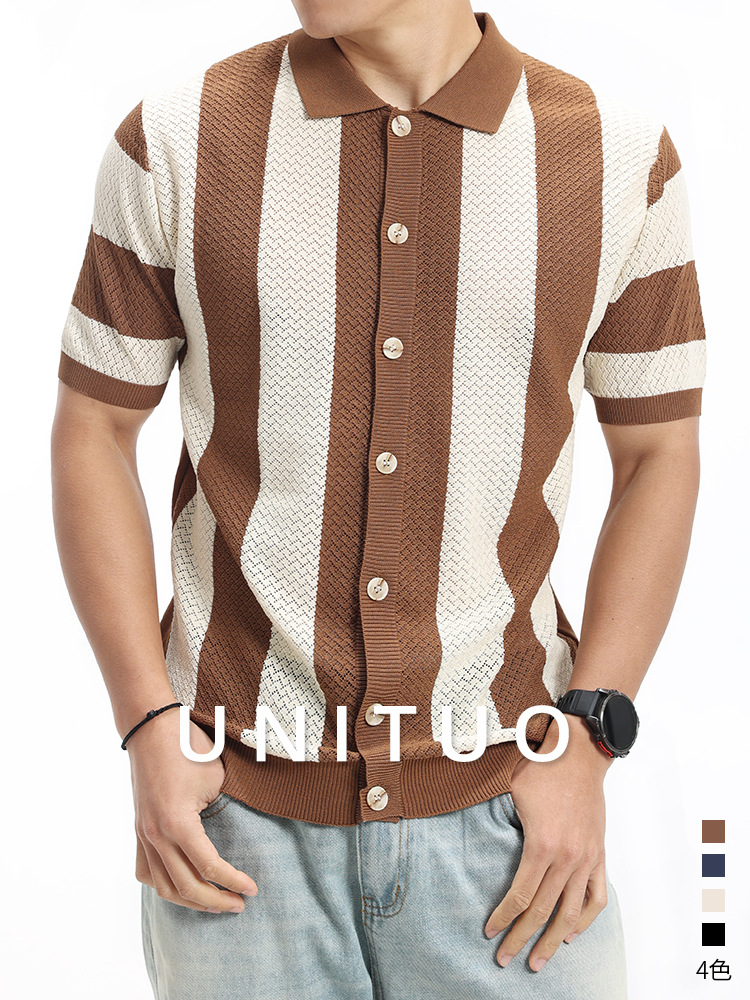 Camisas de polo de hielo de punto a rayas de estilo antiguo, camisetas de color contrastante, camisetas casuales de negocios, mangas cortas para hombres