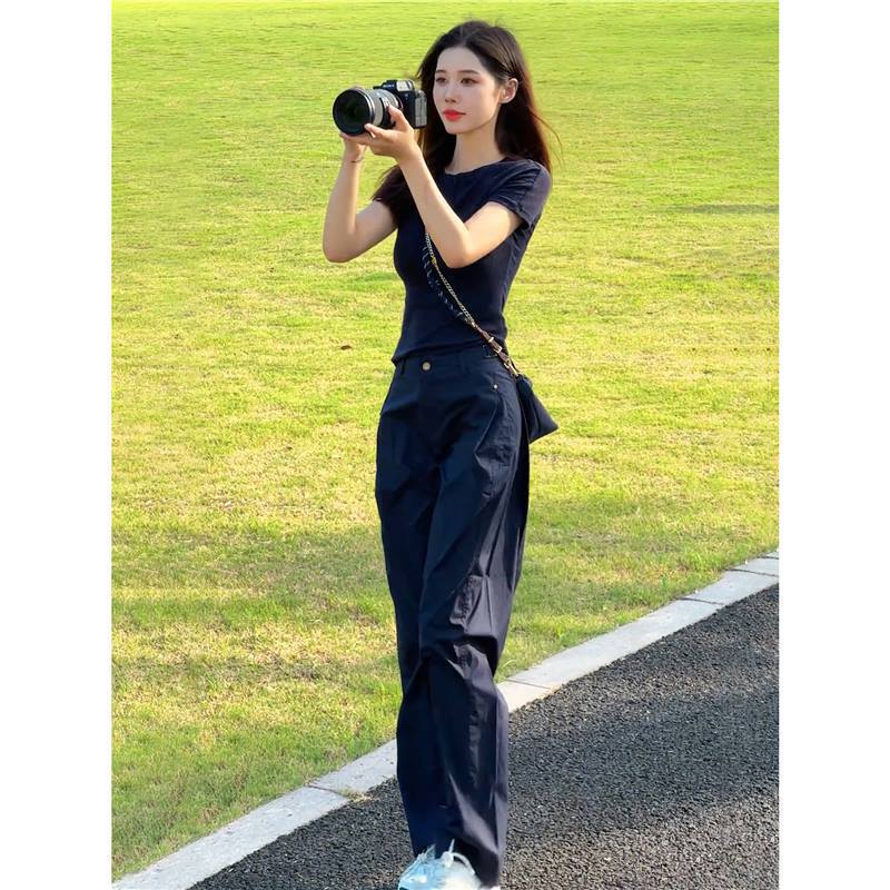 深圳南油套装女夏季洋气显瘦正肩T恤速干工装裤薄款跑步服两件套|undefined