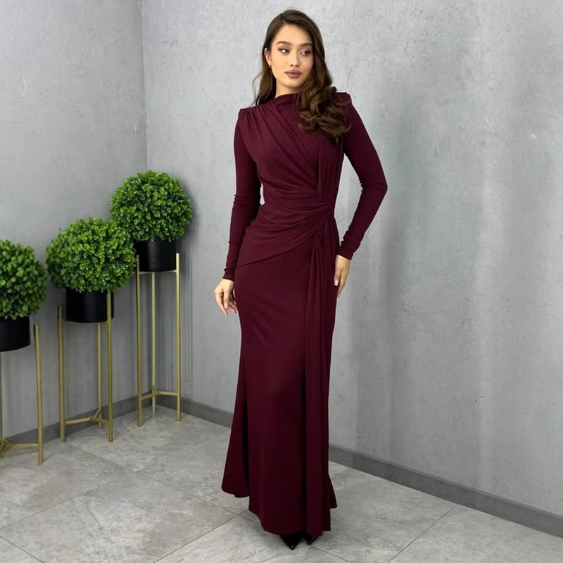 European and American Style Cross-Border 2025 Autumn Fashion New Women's Long-Sleeved Waist-Cinching Pleated Slim Long Dress Wholesale