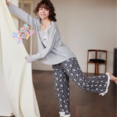 ins韩版卡通小狗长袖睡衣女2025春秋新款蕾丝花边长裤家居服套装