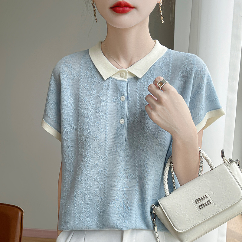 [Directly from the Manufacturer] Lapel Tencel Jacquard Short-Sleeved T-Shirt for Women Summer New Style Foreign Style Color Matching Versatile Knitwear