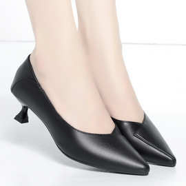厂家直供新款女皮鞋细矮跟高跟黑色正装空乘职业工作鞋尖头舒适鞋