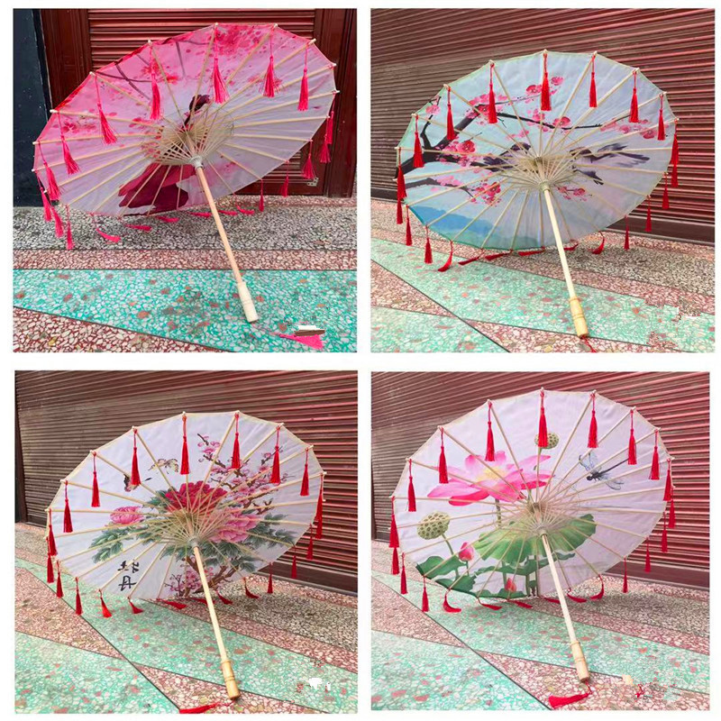 Craft Umbrella Wholesale Creative Chinese Classical Style Performance Props Umbrella Printed Cloth Tassel Umbrella Outdoor Ceiling Decorative Umbrella