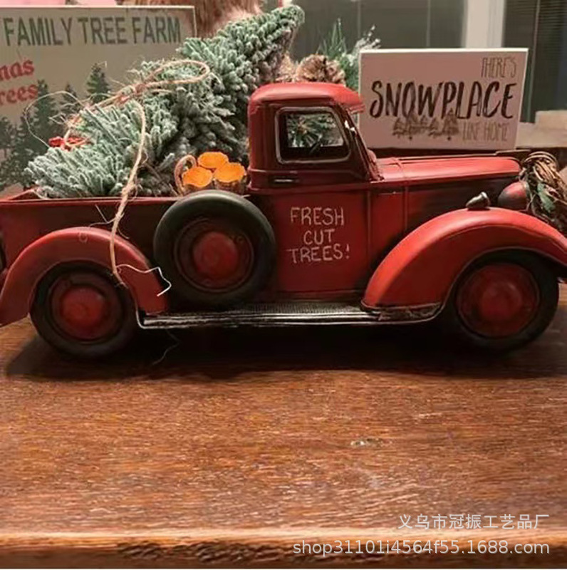 国境を越えた新しいクリスマス赤い車クリスマスツリー装飾樹脂赤いトラックおじいさん車の家庭モデル|undefined