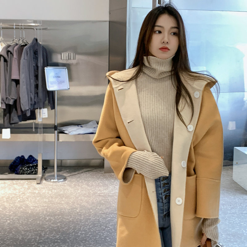 뒤집어 입을 수 있는 여성용 후드 양면 캐시미어 코트 2025 가을 겨울 순모 모직 코트 작은 노란색