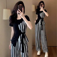 亚马逊时尚减龄套装女夏季洋气休闲显瘦运动服条纹阔腿裤两件套潮