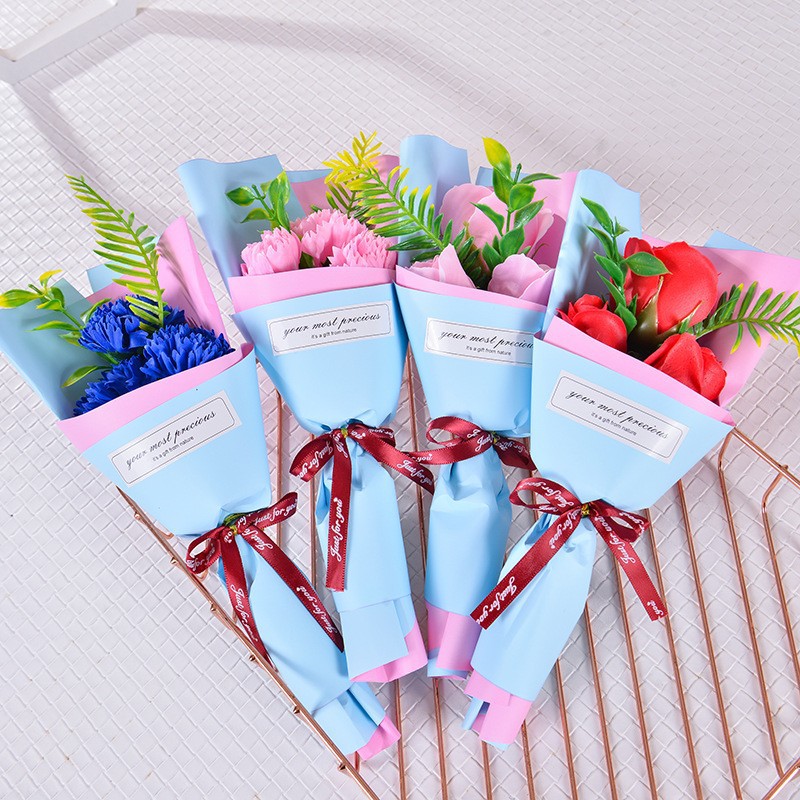 七夕情人節禮品3朵玫瑰花小花束香皂花仿真康乃馨媽媽教師節禮物