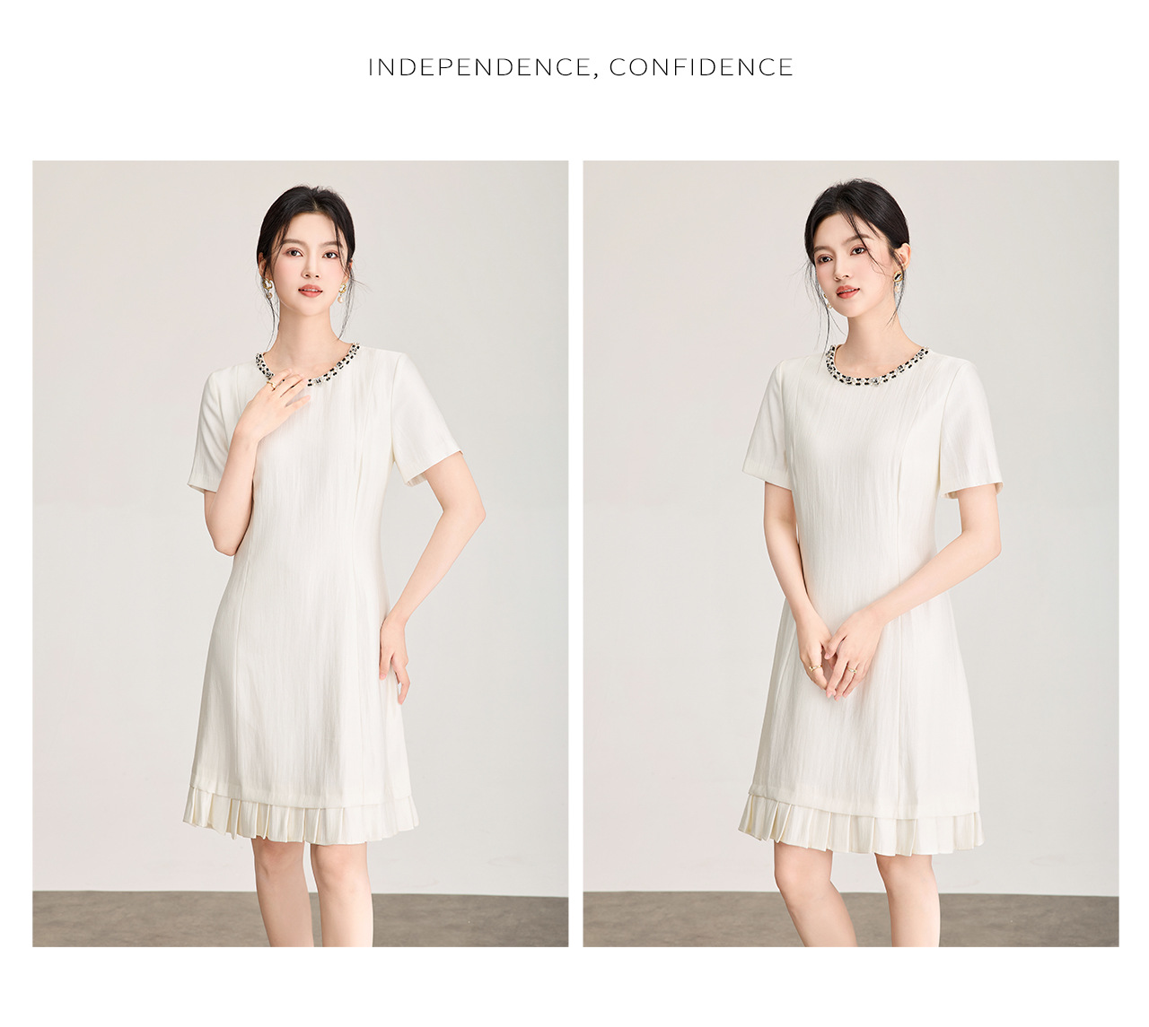 Váy suông nữ midi cổ tròn đính ngọc trai, tay ngắn, form suông che khuyết điểm — màu đen chi tiết 13