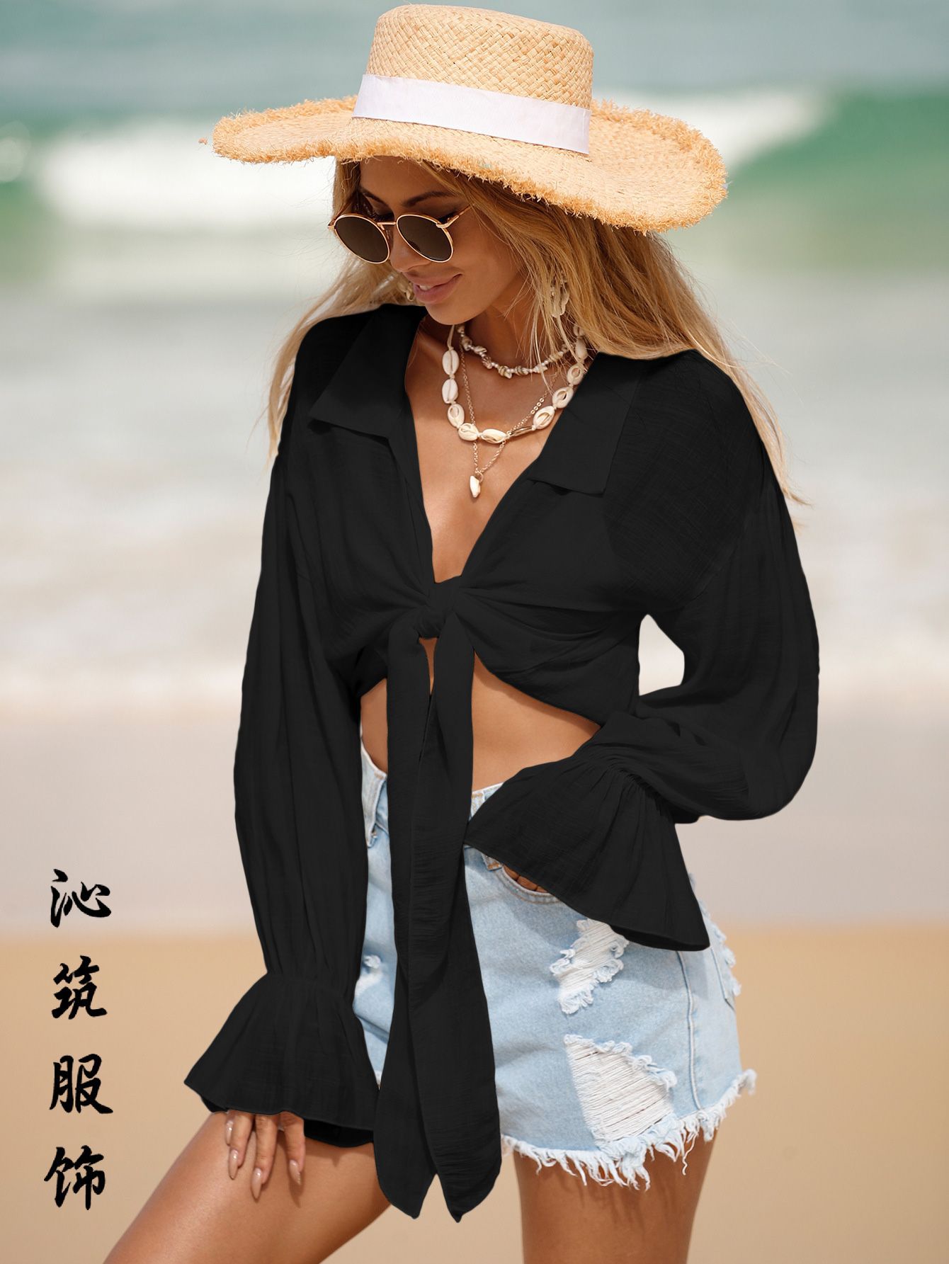 Blusa de playa transfronteriza protección solar frente encaje-arriba Camisa de algodón slub Amazon manga larga nueva playa protección solar camisa para mujeres
