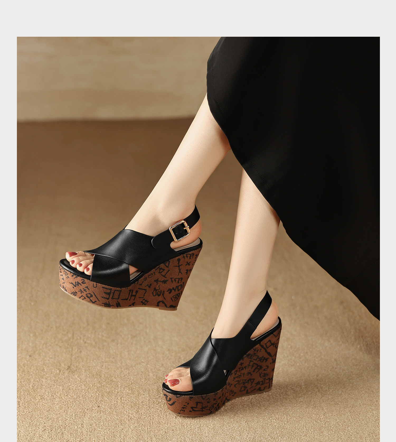 Sandal cao gót nữ mũi hở quai chéo đế xuồng platform gót 9 cm — màu đen, màu trắng ngà chi tiết 14