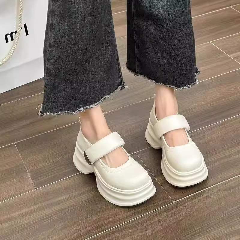 French-Style Thick-Soled Mary Jane Leather Shoes for Women, 2025 Spring and Autumn New Style, Velcro Height-Increasing Platform Leather Shoes