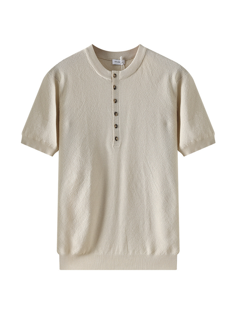Verano nuevo estilo de hombre Henry collar waffle textura de hielo camiseta de punto de manga corta ligera de negocios de alta calidad ropa de hombre