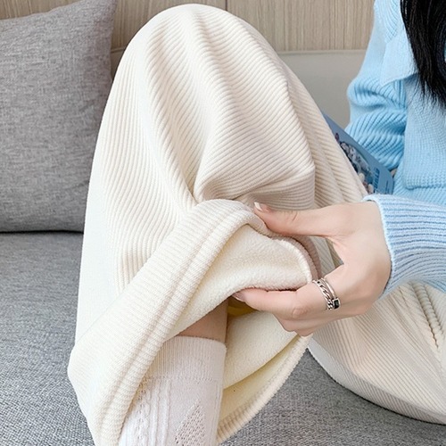 Beibei Fleece Thickening Pants for Girls Autumn and Winter Warm Straight Leg Slimming Pants Cream Color Versatile Sport Pants Casual Long Pants