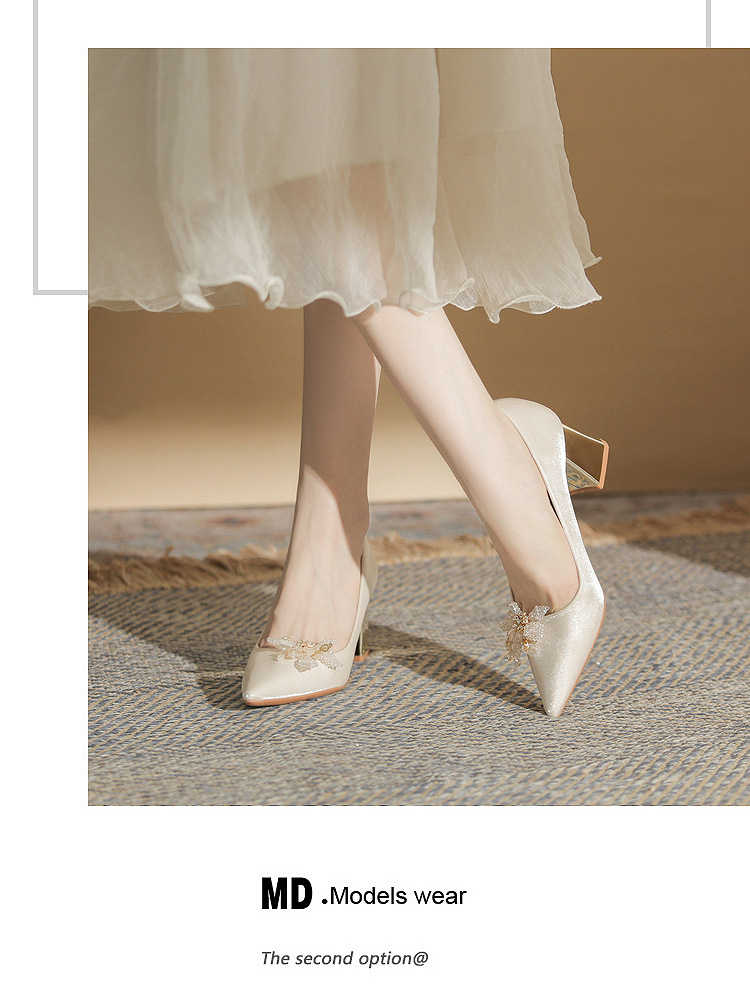 Giày cao gót nữ mũi nhọn satin gót thô Jin Gang CH60-41 — Màu đỏ rượu chi tiết 13
