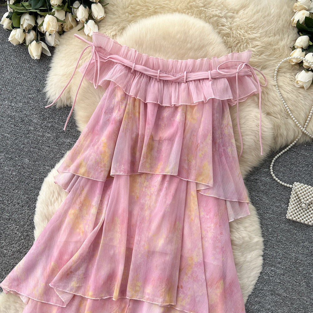Pink Ruffled Cake Dress French Style Resort Sleeveless Off-Shoulder A-Line Women's Unique And Absolutely Stunning Dress_ecoleips.com