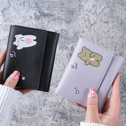 Korean style small wallet for women, tri-fold short print, cute and simple student multi-card slot coin purse, cartoon ladies wallet