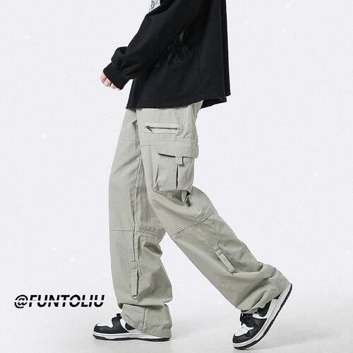 Light Green Multi-Pocket Work Pants for Men, Autumn Japanese Trend Straight Leg Loose Casual Pants, Unique Zipper Floor-Length Pants