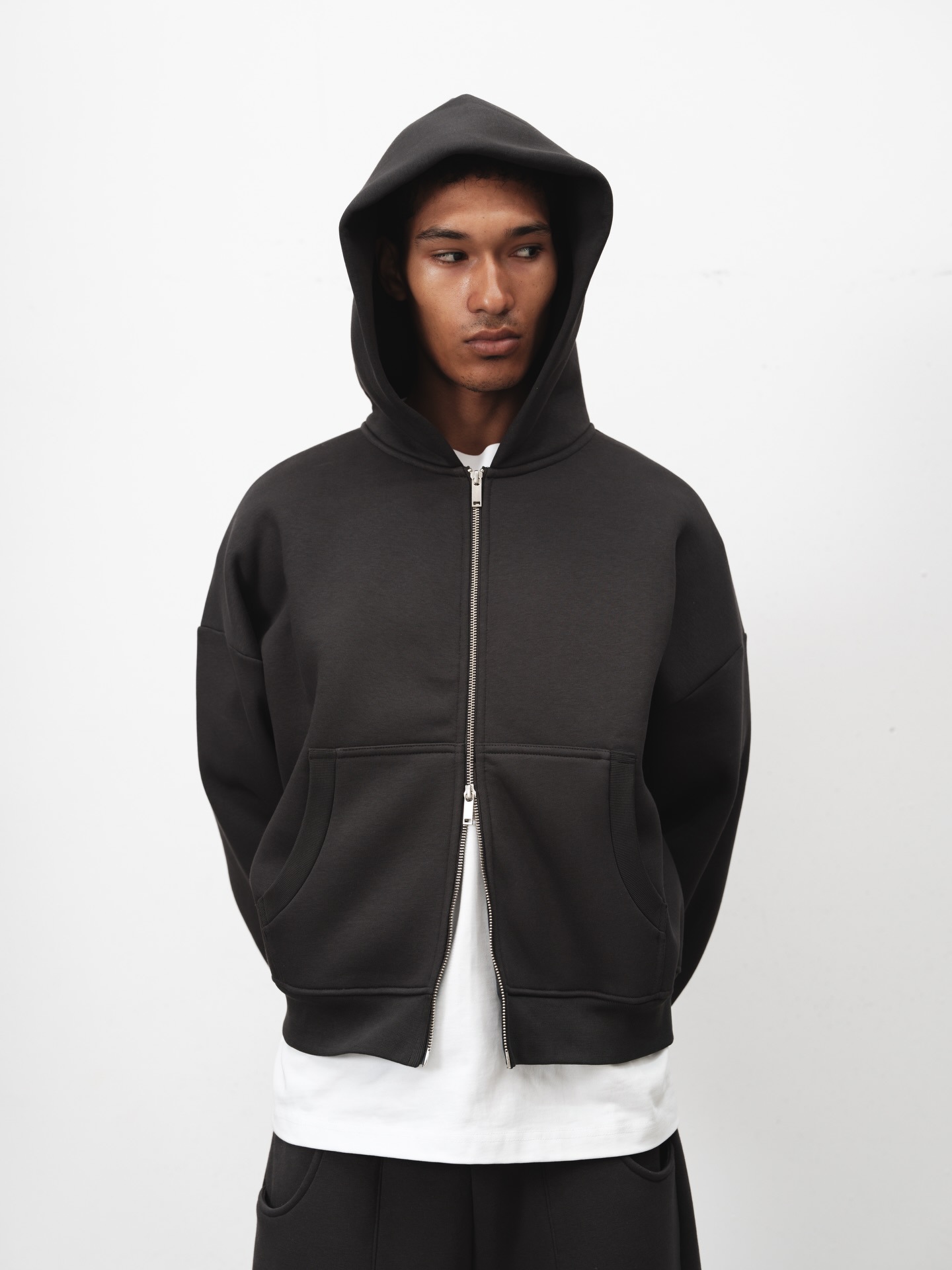 美式短款boxy双拉链卫衣cleanfit重磅500g立挺帽衫男潮