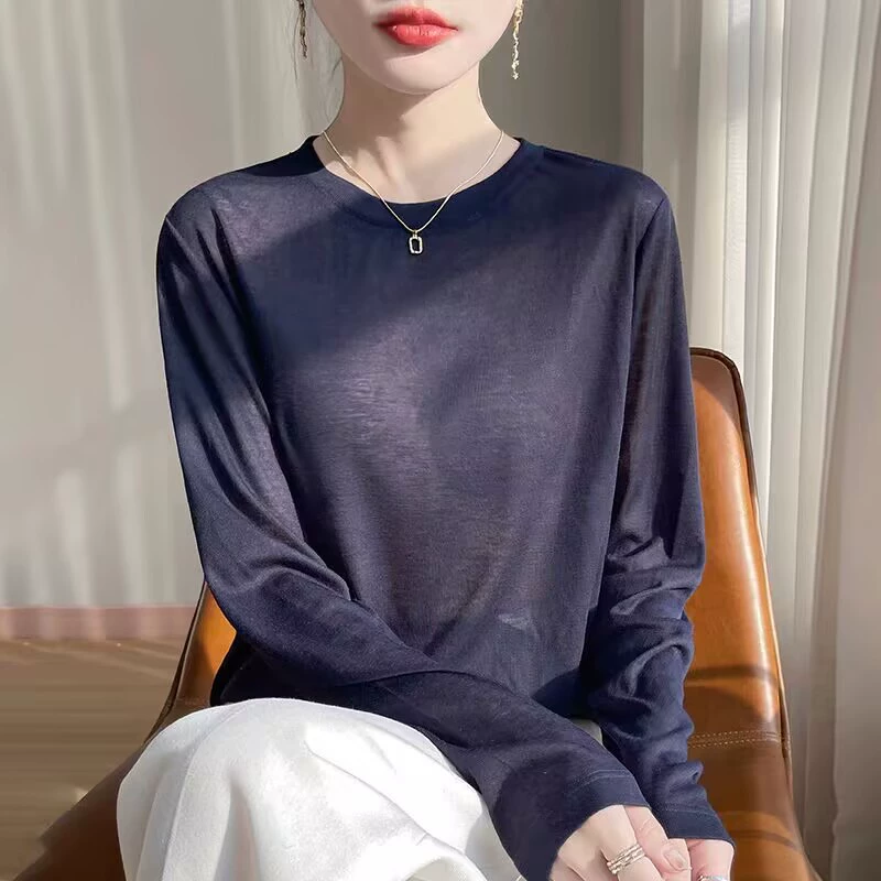 Весенний и летний новый трикотаж Lisel Tiansi женский сплошной цвет с круглым вырезом тонкая нижняя рубашка с длинными рукавами футболка