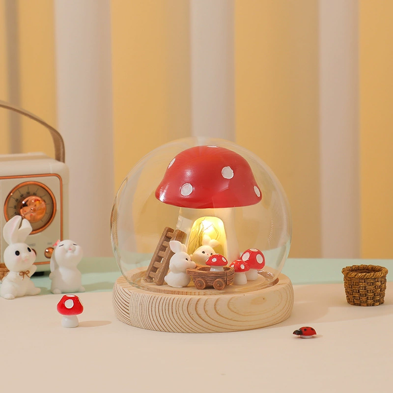 Handmade night light, glass dome with rabbit and mushroom scene — tabletop bedroom decor, gift