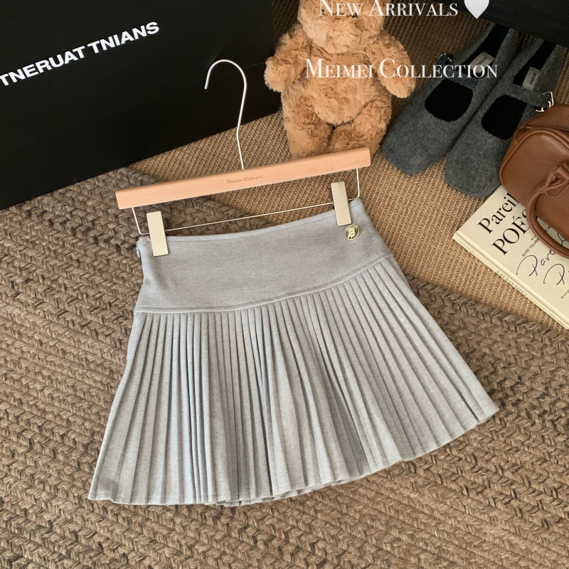 学院风高腰毛呢短裙灰色百褶裙女秋季新款显瘦百搭半身裙A字裙子