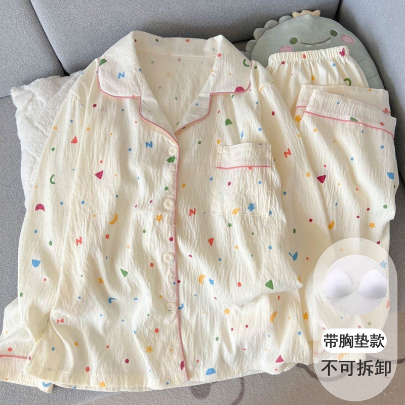带胸垫可爱小狗云朵纯棉纱睡衣女款春秋季长袖学生少女家居服夏天|undefined