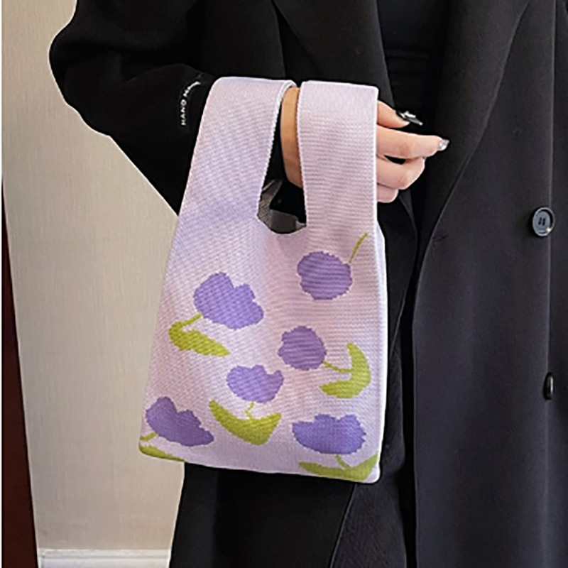 Nuevo bolso de punto para teléfono para mujer, bolso tejido suave en colores dopamina, bolso de mano con forma de corazón en estilo coreano con bloques de color.