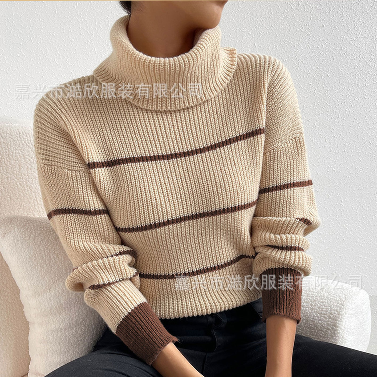 Cross-border foreign trade women's sweater European and American style casual striped contrasting color knitted top high collar versatile loose knitted sweater