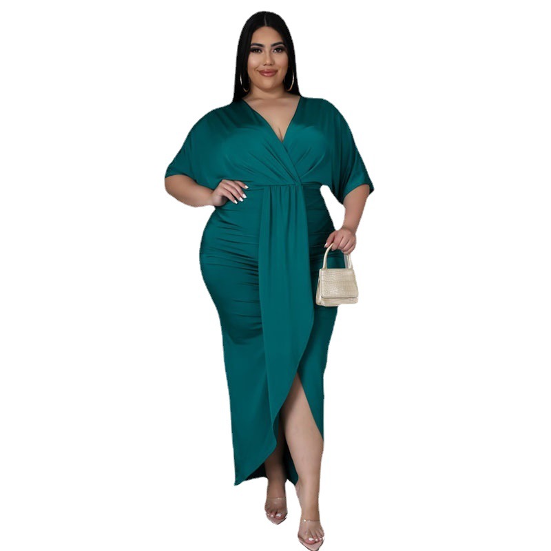 Vestido elegante de manga corta verde para primavera y otoño, falda irregular de color sólido, vestido versátil de talla grande para la hora del té.