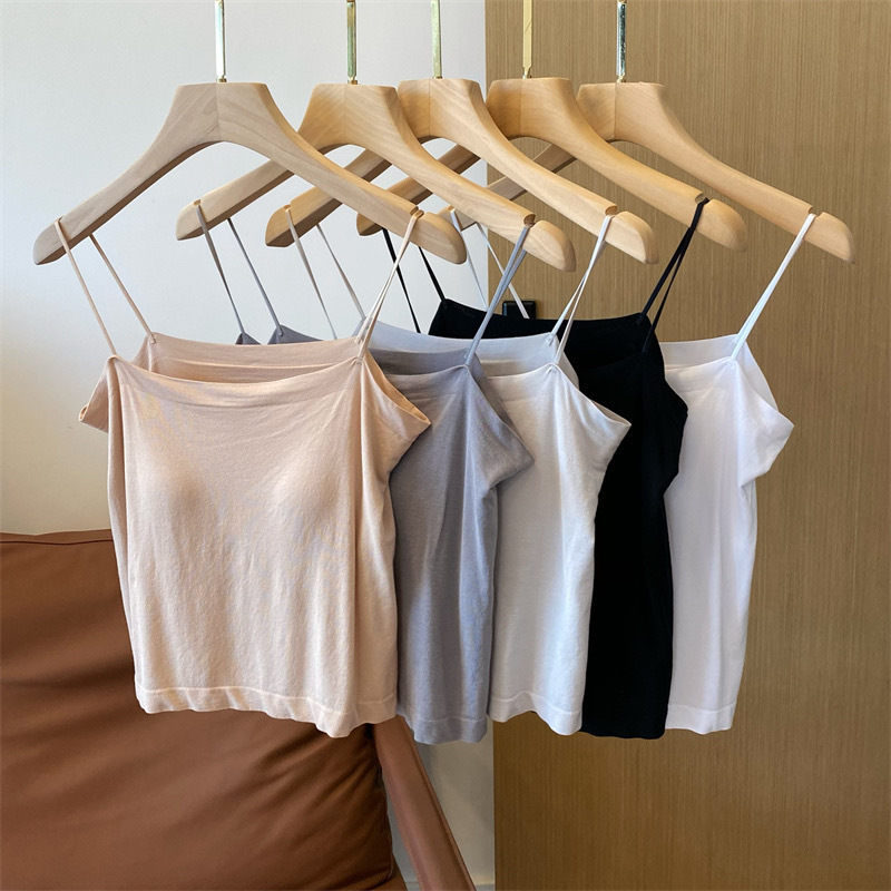 Summer Inner Wear with Flat Straps, Navel-Baring Slim-Fitting Bottoming Camisole, Soft Modal Double-Layer with Breast Pads